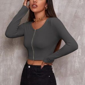 Zip-up ribbed knit crop top